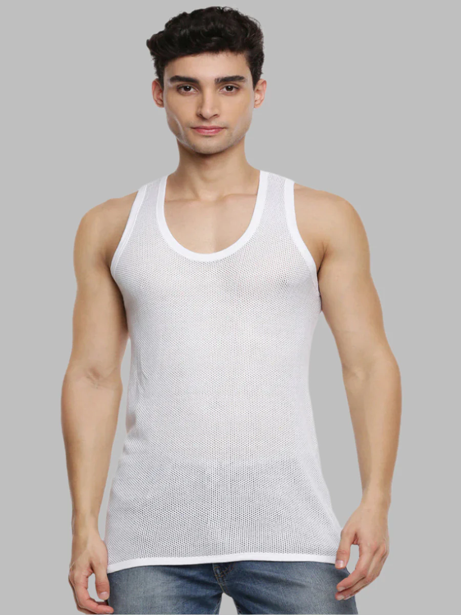 100% Combed Cotton White Netted Vest Breeze RN (Pack of 2)