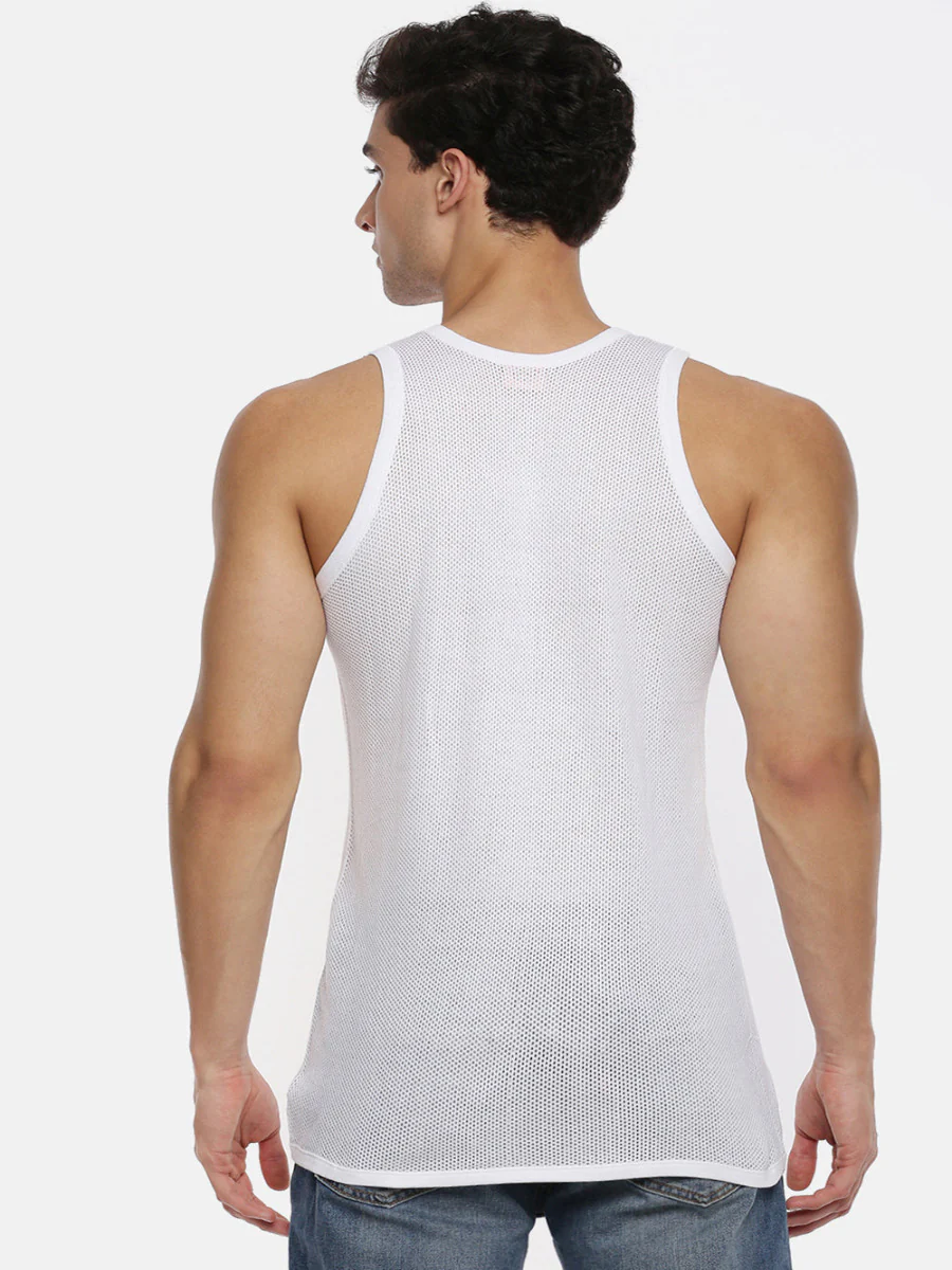 100% Combed Cotton White Netted Vest Breeze RN (Pack of 2) - Image 3