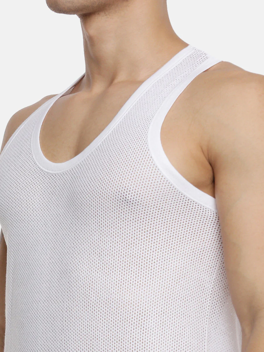 100% Combed Cotton White Netted Vest Breeze RN (Pack of 2) - Image 4