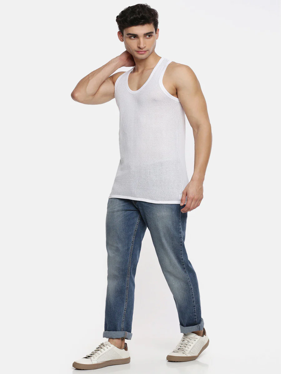 100% Combed Cotton White Netted Vest Breeze RN (Pack of 2) - Image 5
