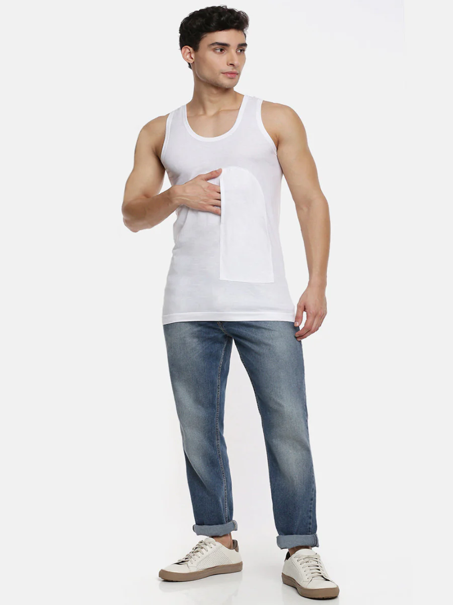 100% Combed Cotton White Pocket Vest RN Sukra (Pack of 2) - Image 5