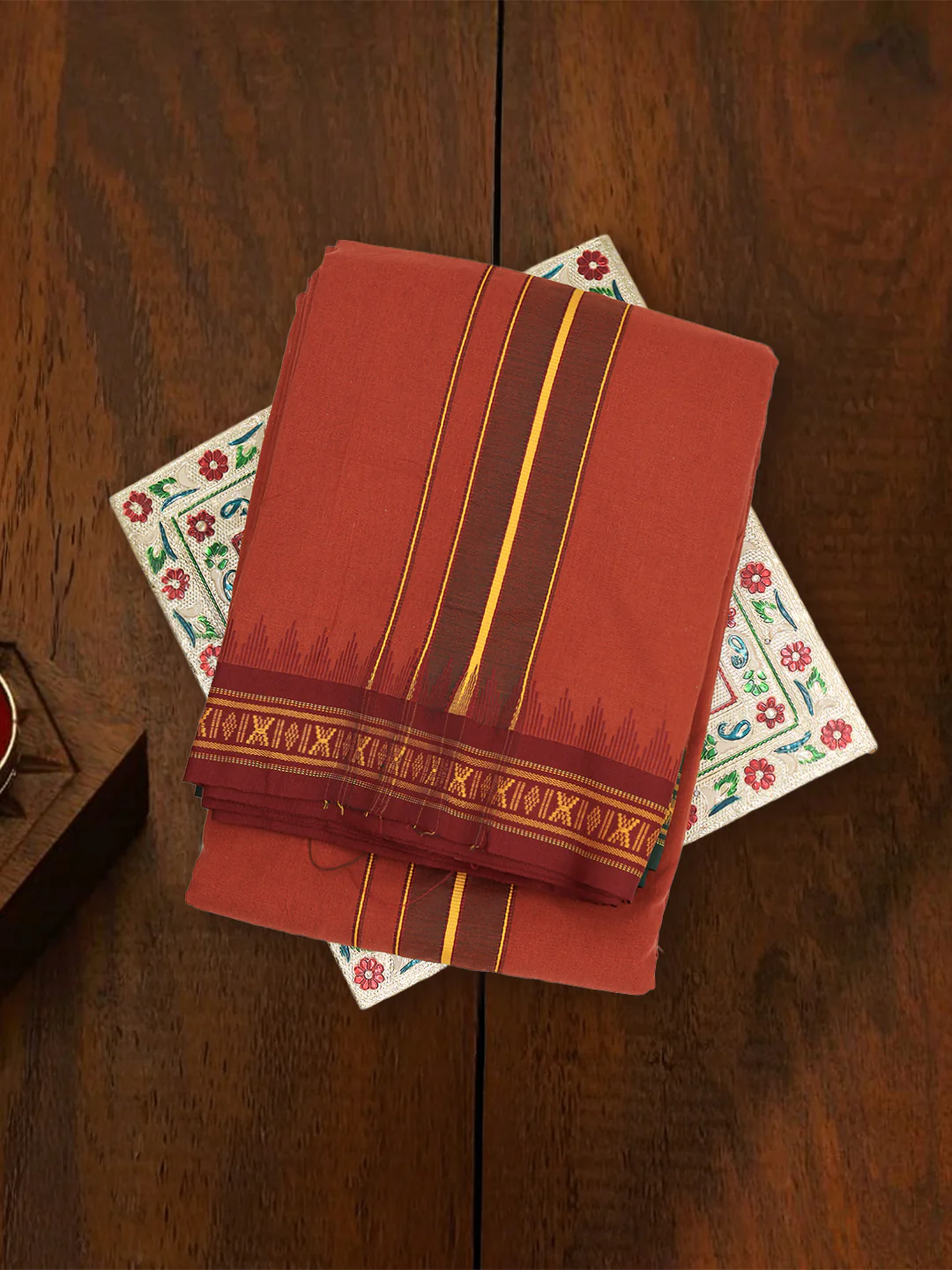 100% Cotton Fancy Border Panchakacham with Angavasthram Kaavi(9+5) - Image 2