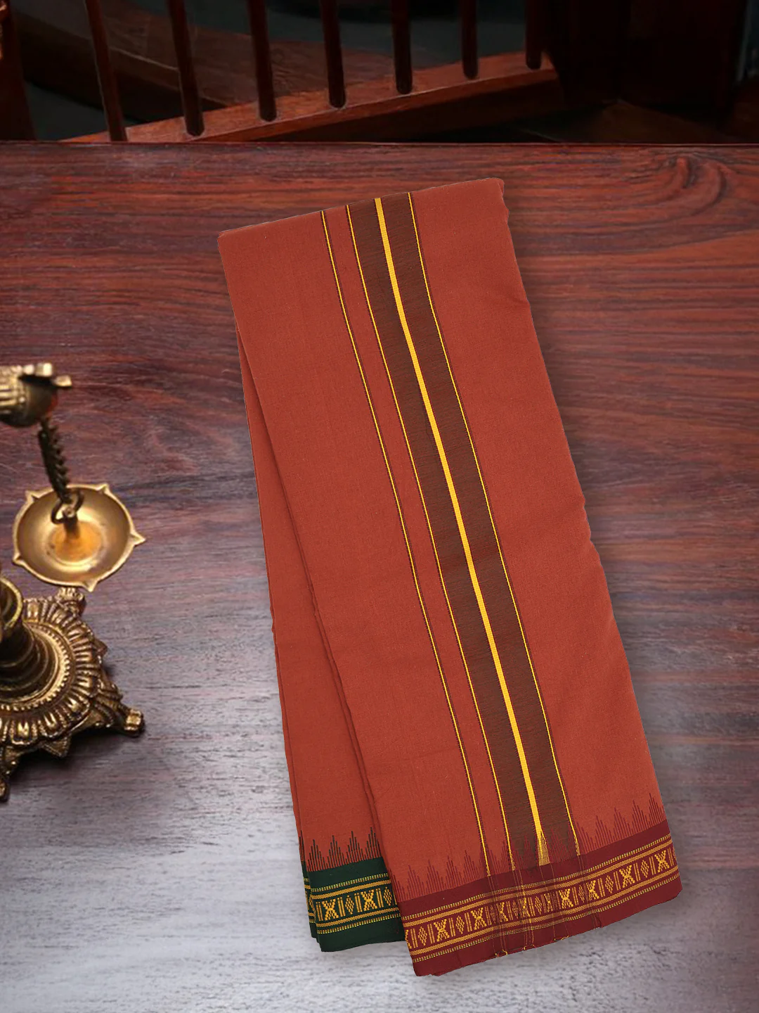 100% Cotton Fancy Border Panchakacham with Angavasthram Kaavi(9+5) - Image 3