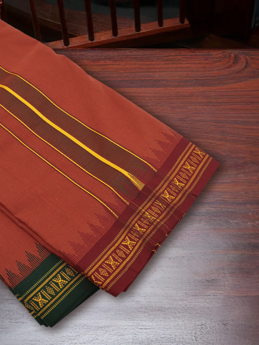 100% Cotton Fancy Border Panchakacham with Angavasthram Kaavi(9+5) - Image 4