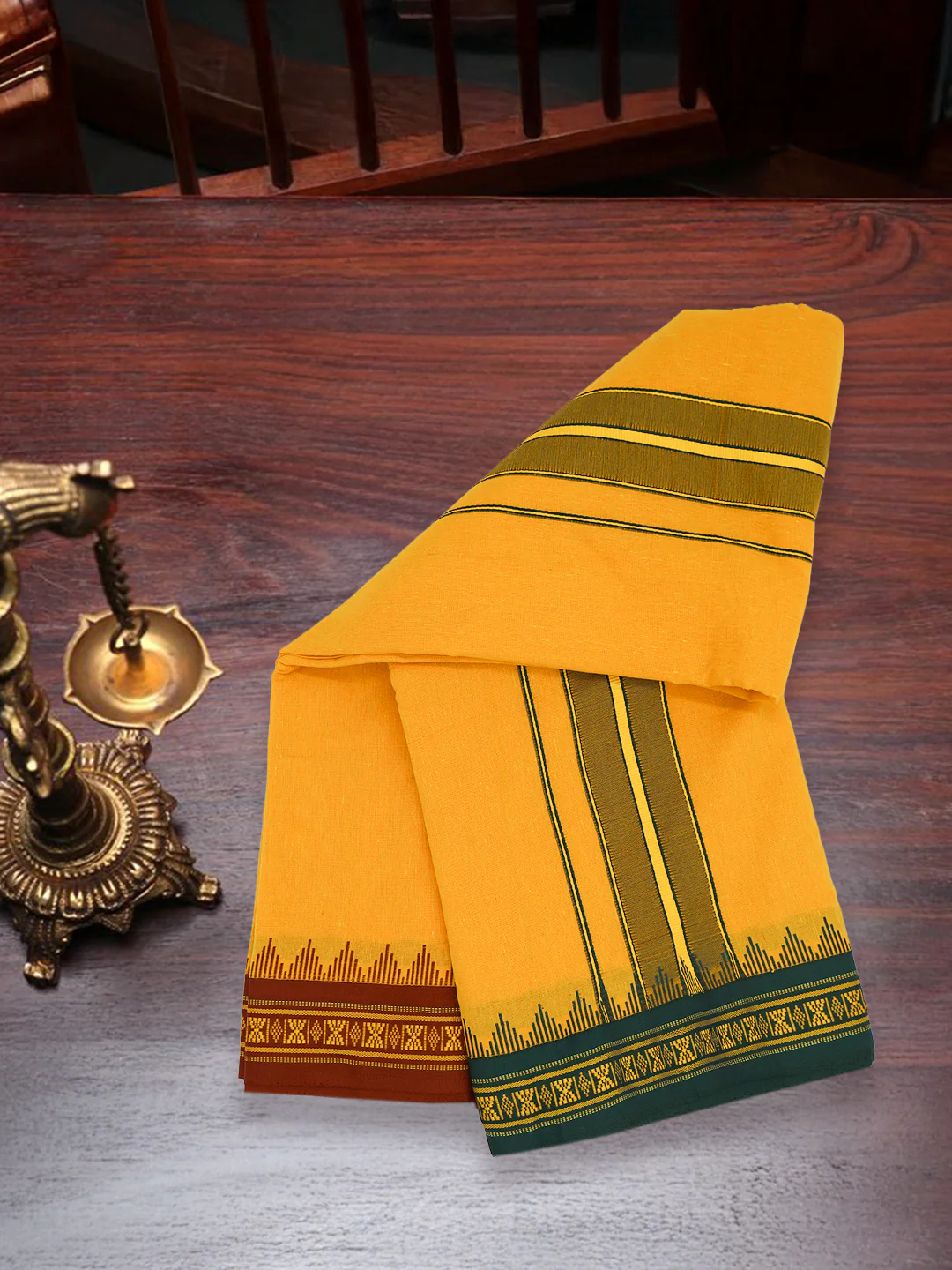 100% Cotton Fancy Border Panchakacham with Angavasthram Mango (9+5) - Image 3