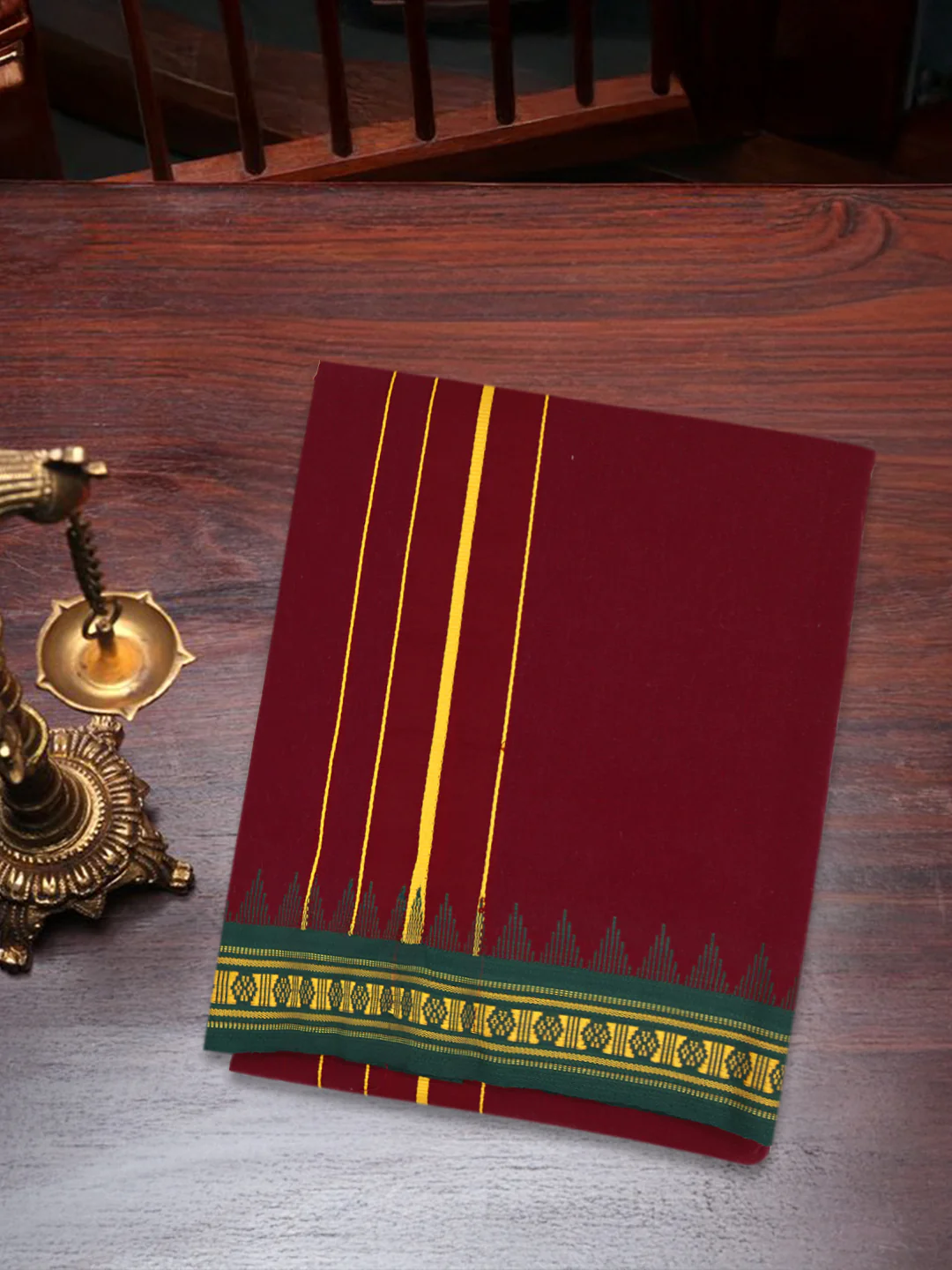 100% Cotton Fancy Border Panchakacham with Angavasthram Maroon(9+5) - Image 2