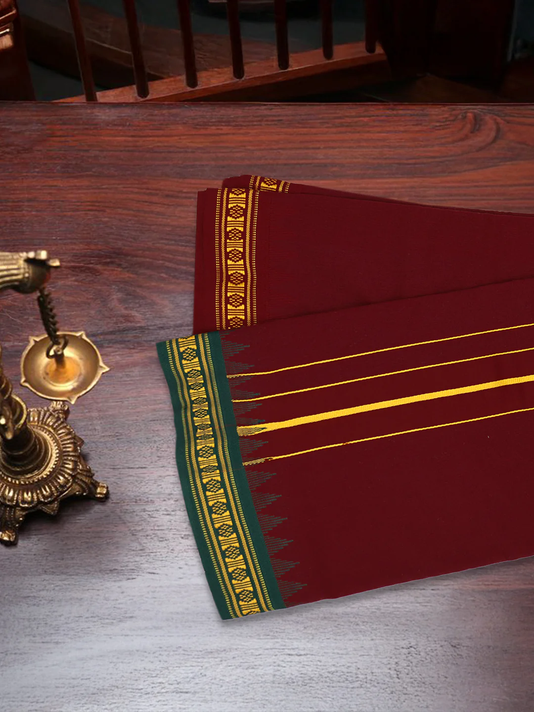 100% Cotton Fancy Border Panchakacham with Angavasthram Maroon(9+5) - Image 3