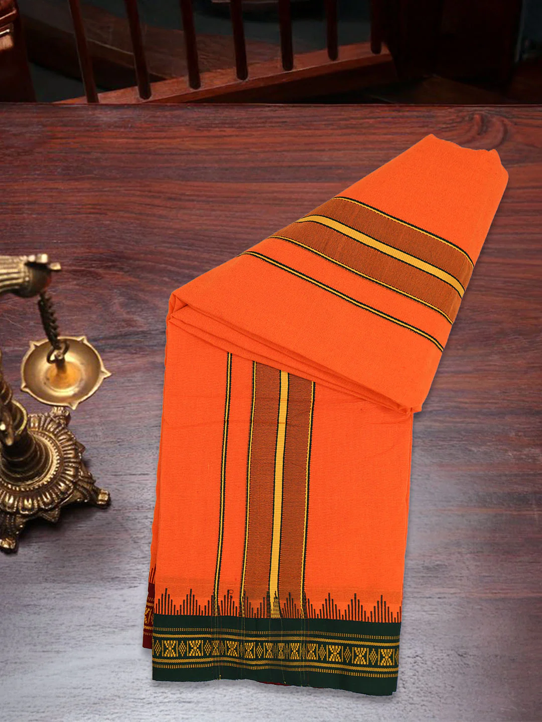 100% Cotton Fancy Border Panchakacham with Angavasthram Orange(9+5) - Image 2