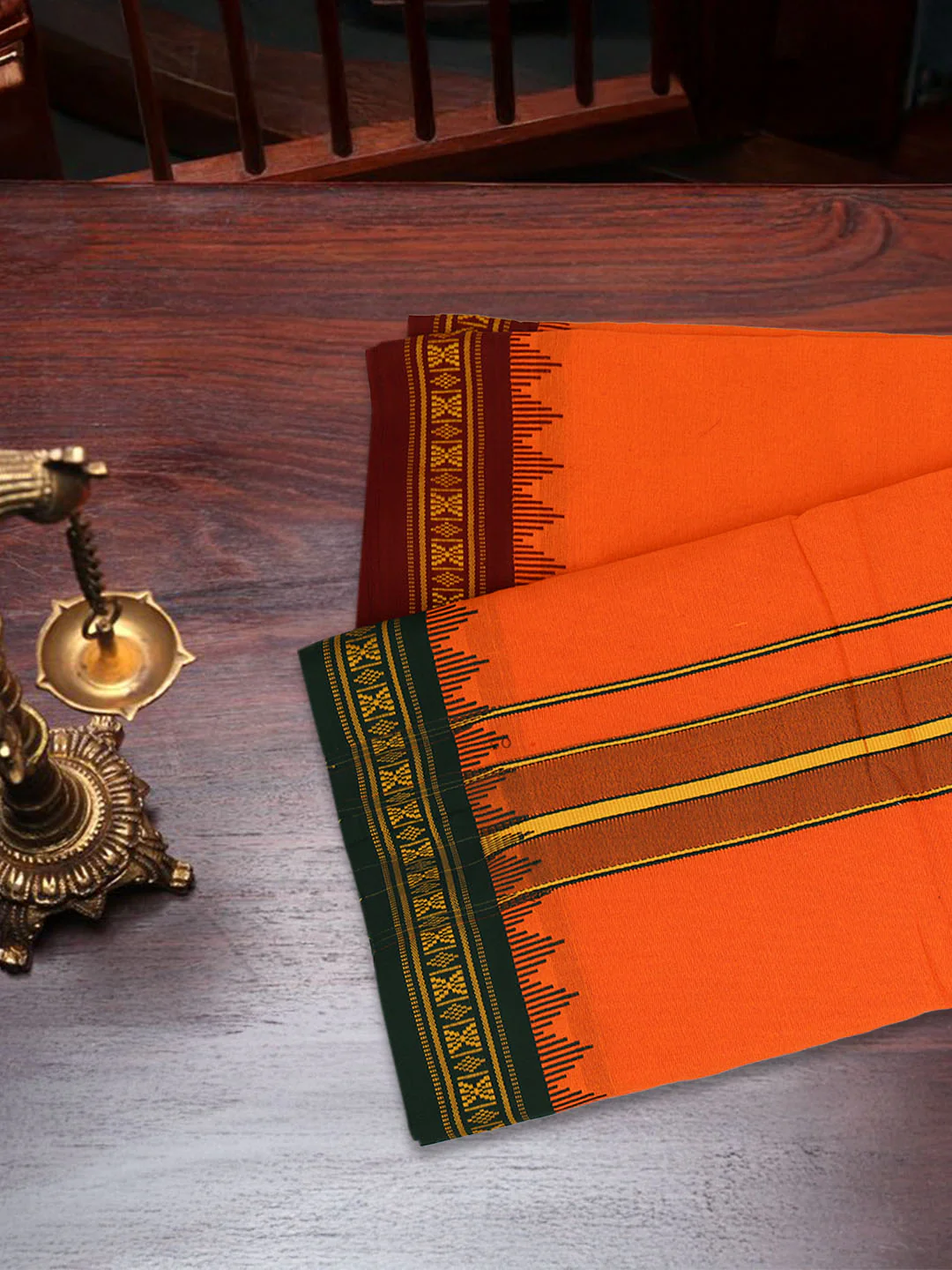 100% Cotton Fancy Border Panchakacham with Angavasthram Orange(9+5) - Image 3