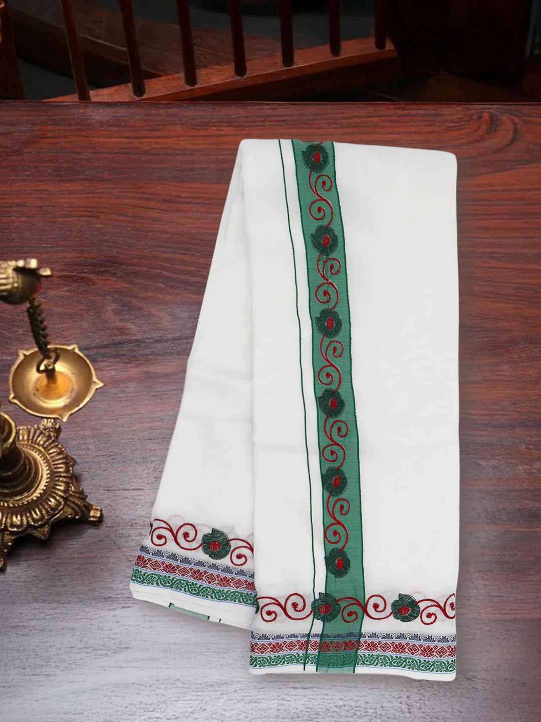 100% Cotton Green Fancy Border Panchakacham Set White(9+5) - Image 2