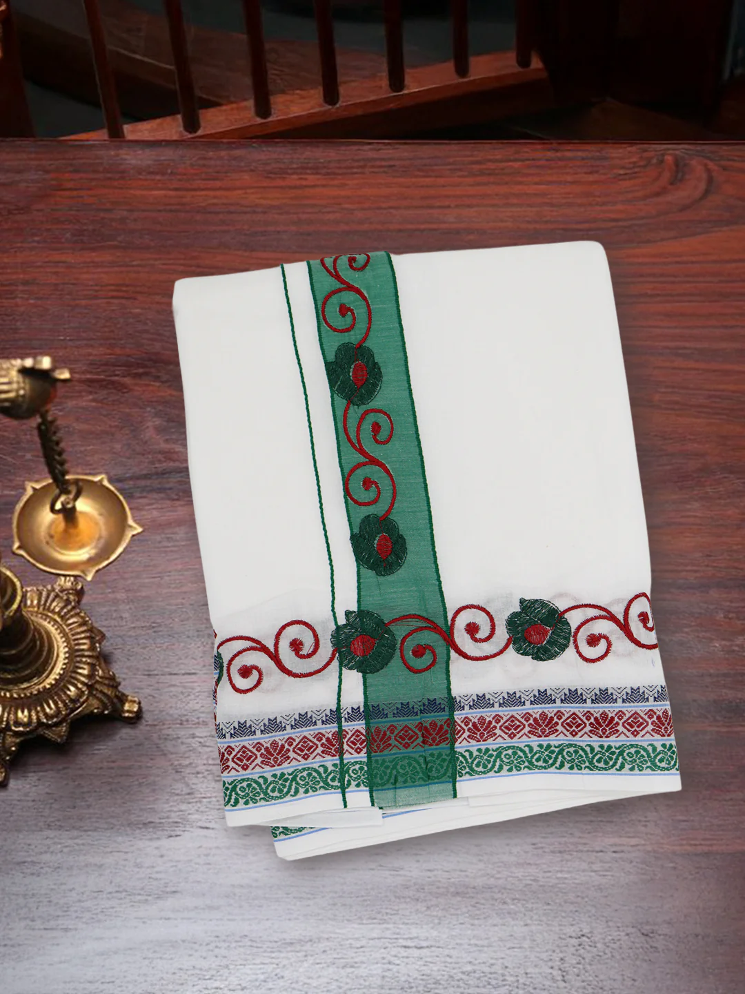 100% Cotton Green Fancy Border Panchakacham Set White(9+5) - Image 5