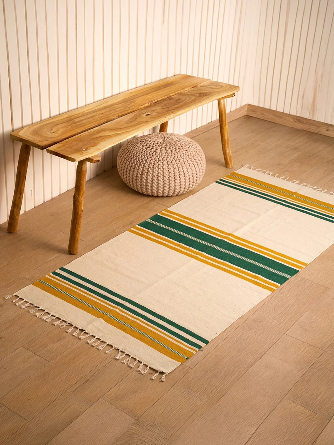 Bhavani Jamakkalam / Handwoven Cotton Carpet Cream Base with Green & Yellow Stripes (3.25 ft × 6.5 ft) - Image 3