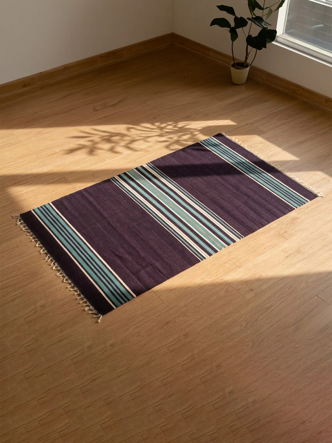 Bhavani Jamakkalam / Handwoven Cotton Carpet Dark Purple Base with White & Blue Stripes (3.25 ft × 6.5 ft) - Image 3