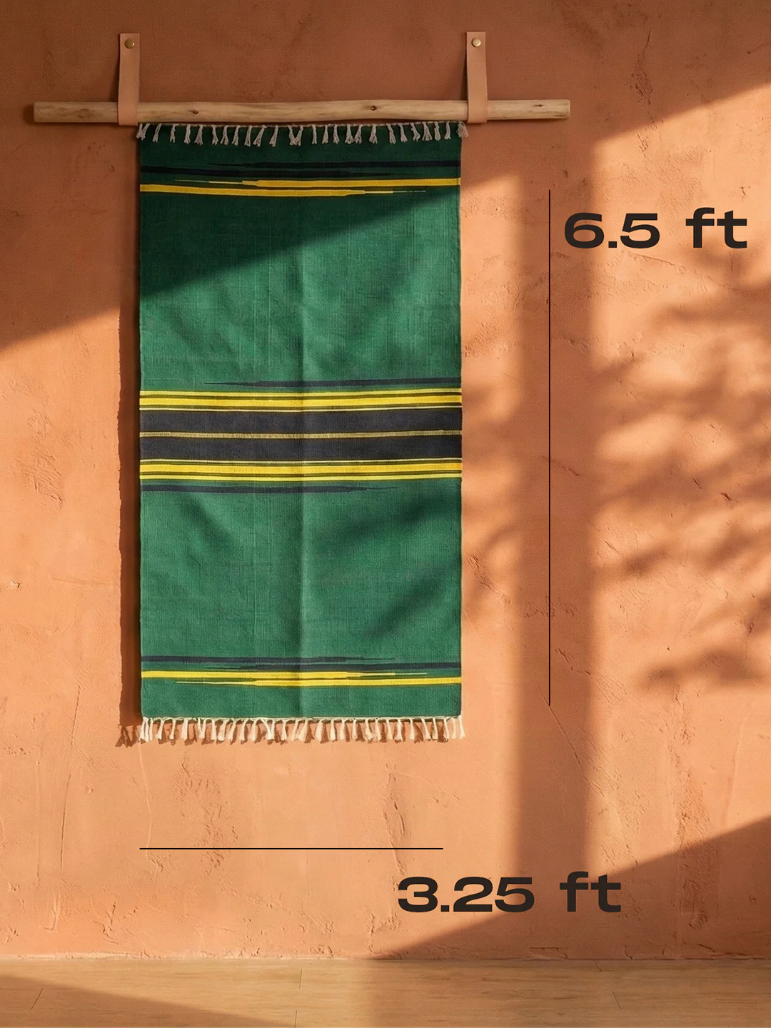 Bhavani Jamakkalam / Handwoven Cotton Carpet Green Base with Blue & Yellow Stripes (3.25 ft × 6.5 ft) - Image 2