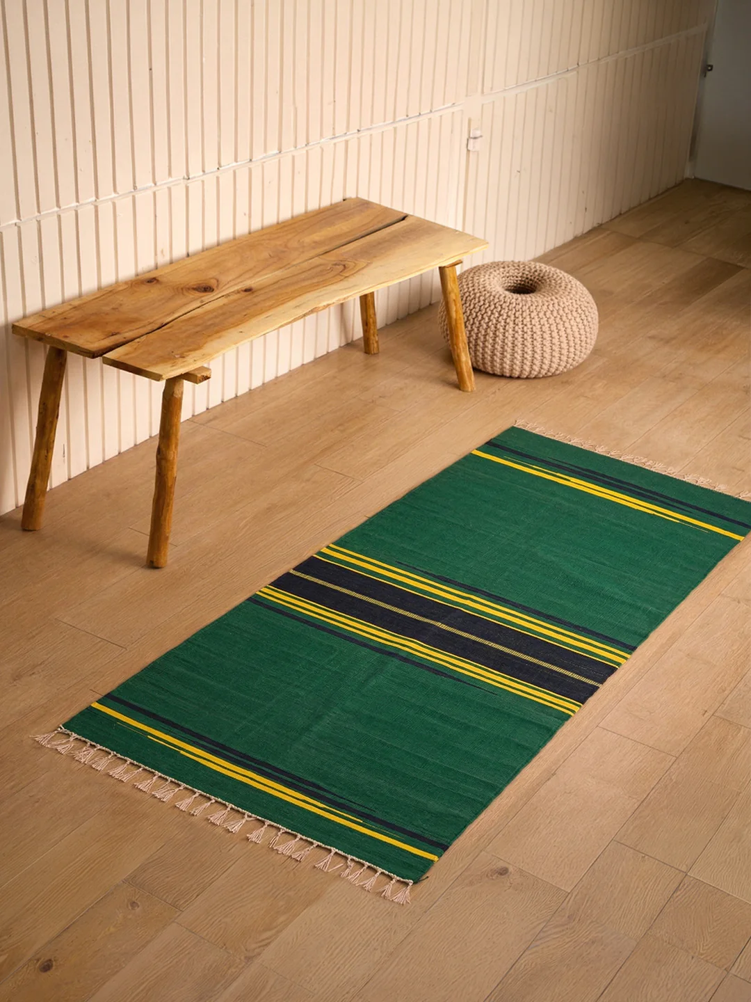 Bhavani Jamakkalam / Handwoven Cotton Carpet Green Base with Blue & Yellow Stripes (3.25 ft × 6.5 ft) - Image 3