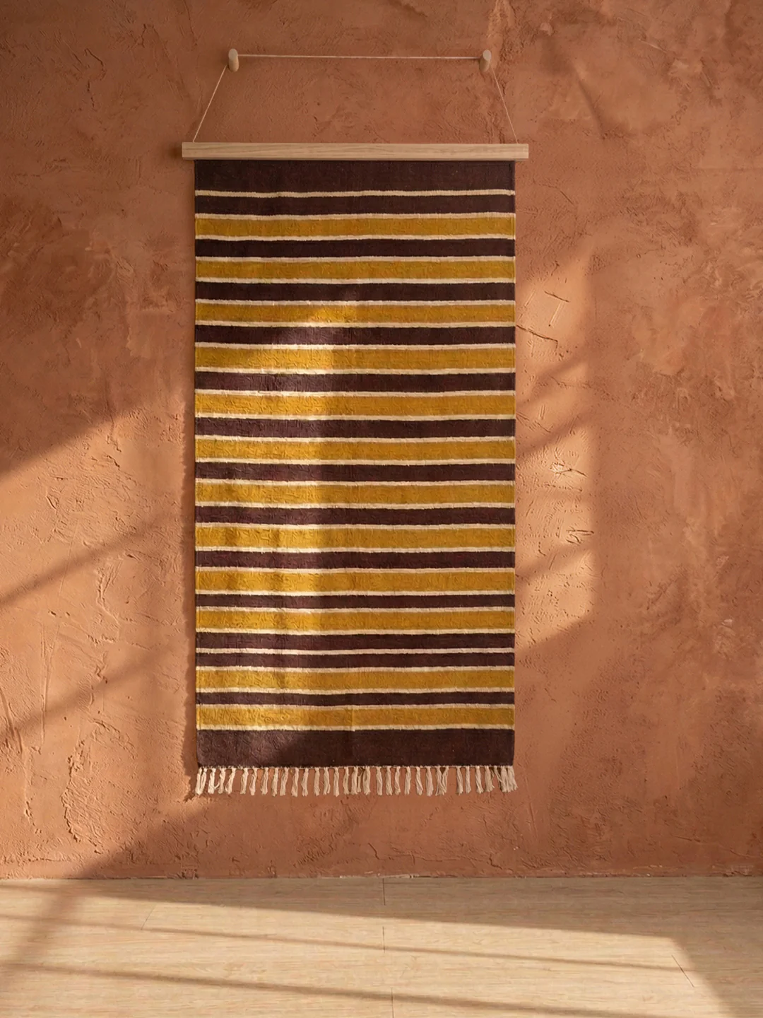 Bhavani Jamakkalam / Handwoven Cotton Carpet Maroon Base with White & Yellow Stripes (3.25 ft × 6.5 ft) - Image 3
