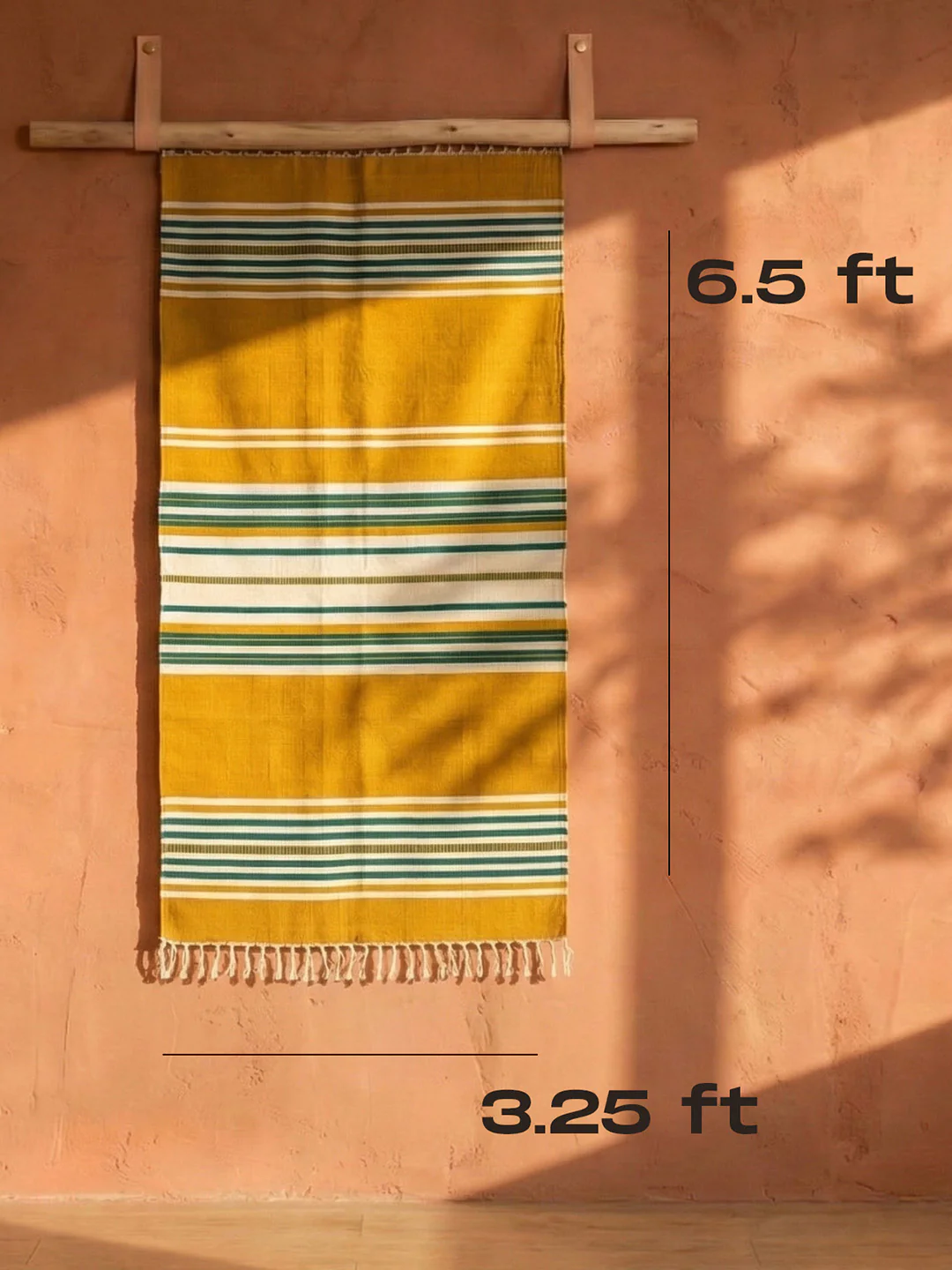Bhavani Jamakkalam / Handwoven Cotton Carpet Yellow Base with White & Green Stripes (3.25 ft × 6.5 ft) - Image 2
