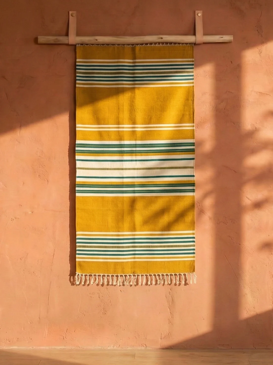 Bhavani Jamakkalam / Handwoven Cotton Carpet Yellow Base with White & Green Stripes (3.25 ft × 6.5 ft) - Image 3