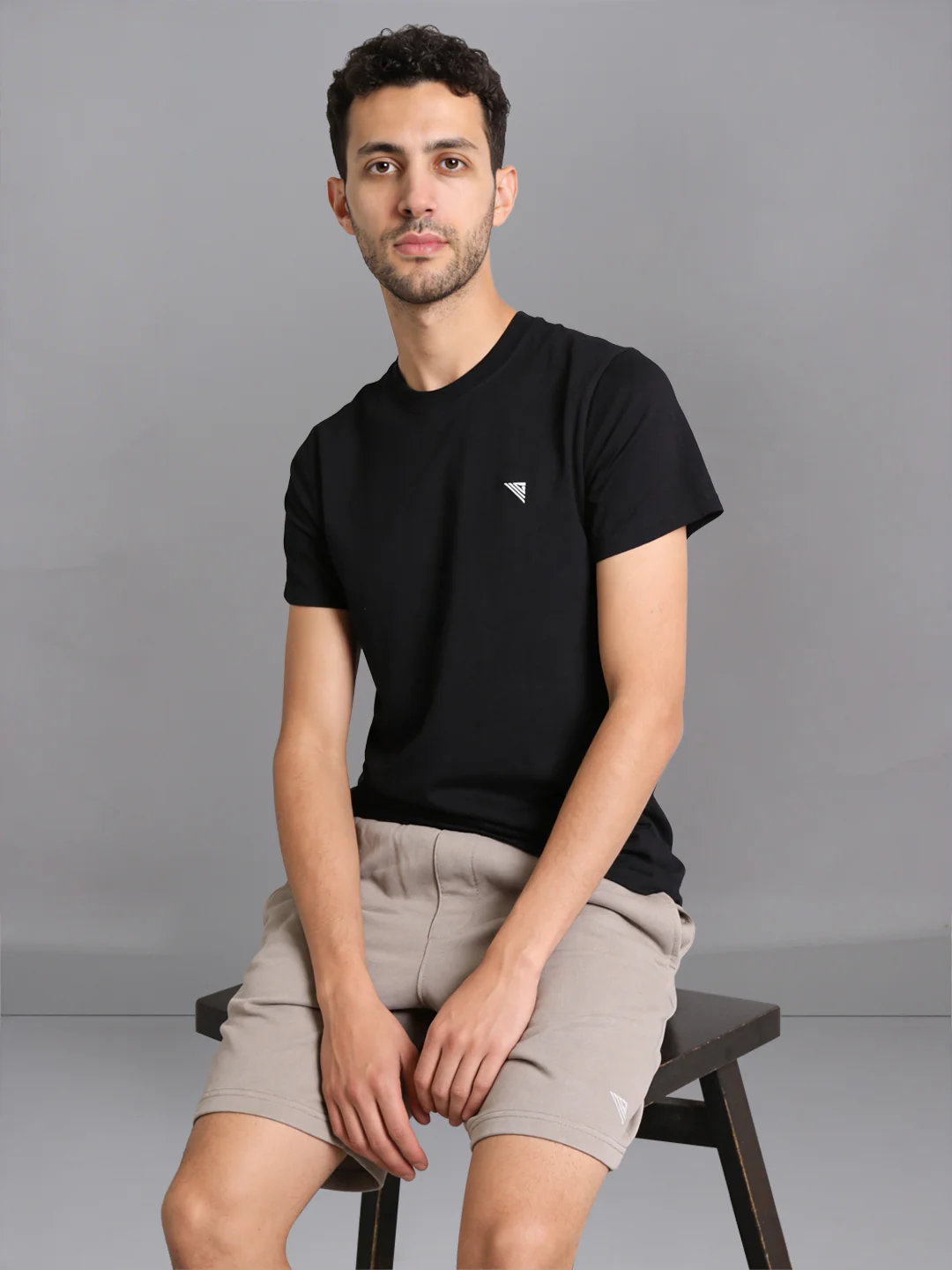 Black Crew neck T-Shirt with Taupe Shorts Combo ES9 - Image 2