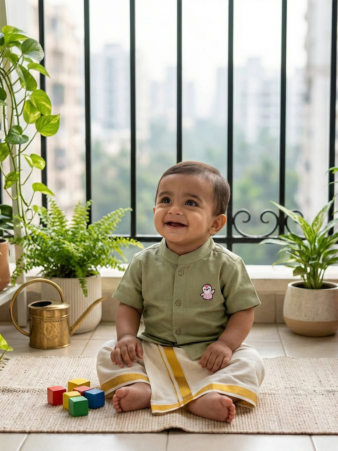 Born Baby Shirt Dhoti and Panchakacham Set Pista Green - Image 2