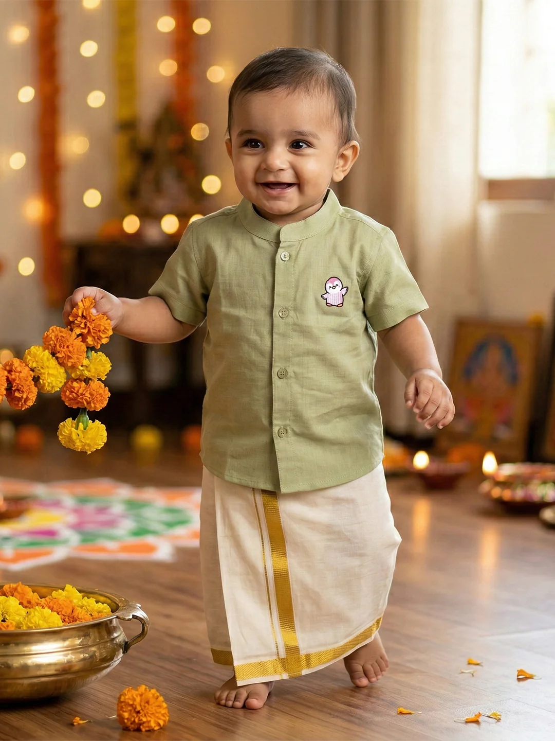 Born Baby Shirt Dhoti and Panchakacham Set Pista Green - Image 4