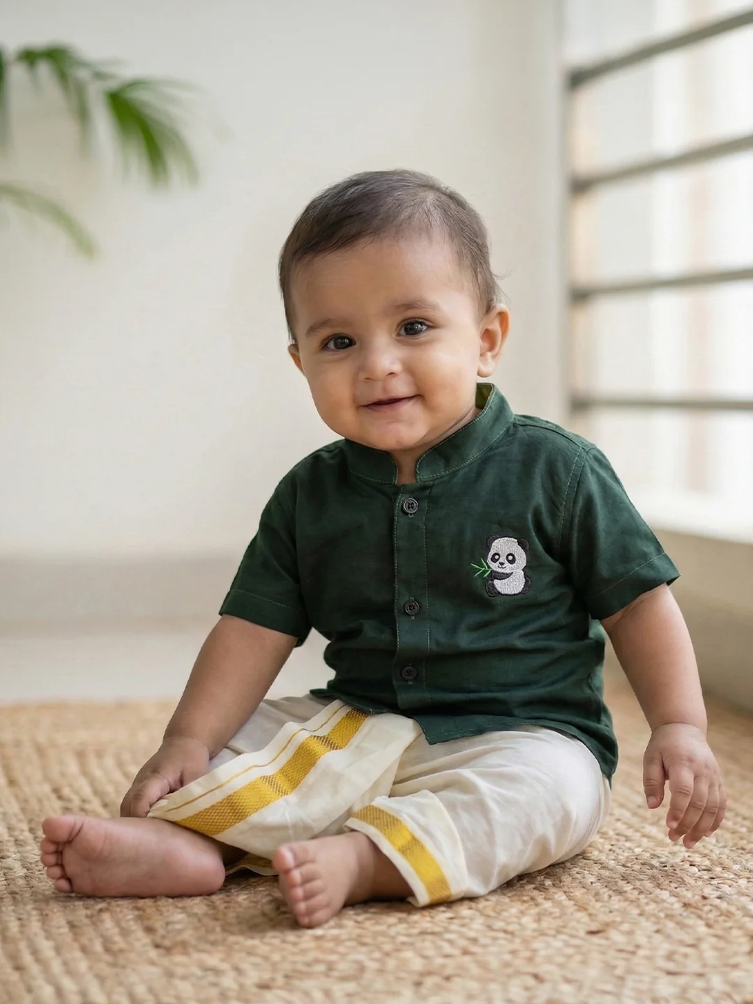 Born Baby Shirt with Pant and Panchakacham Set Dark Green G69 - Image 2
