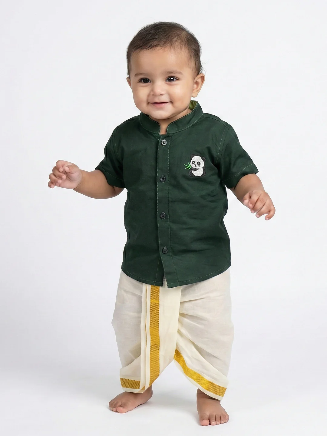 Born Baby Shirt with Pant and Panchakacham Set Dark Green G69 - Image 4
