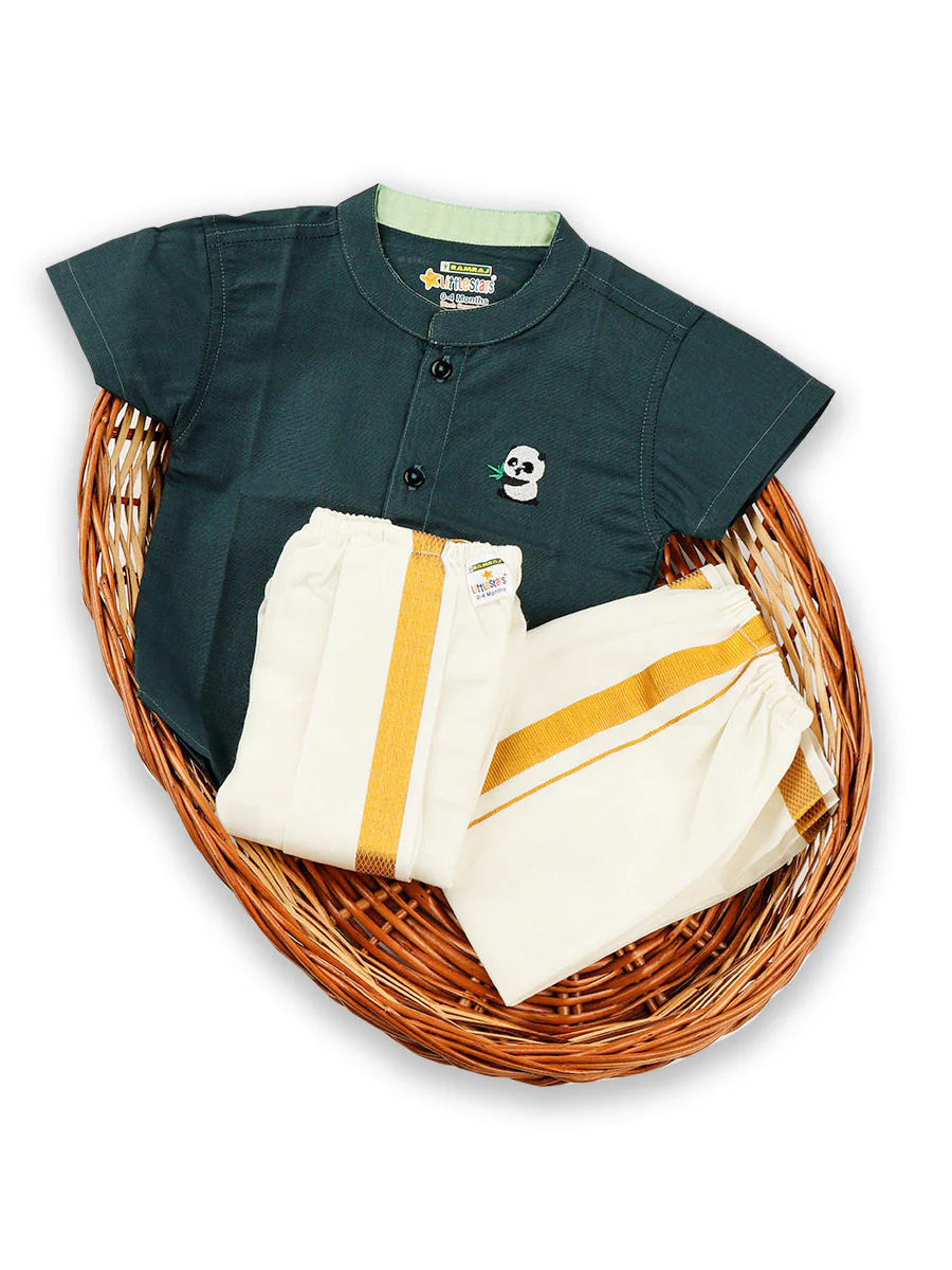 Born Baby Traditional Shirt with Dhoti and Panchakacham Set Dark Green - Image 3