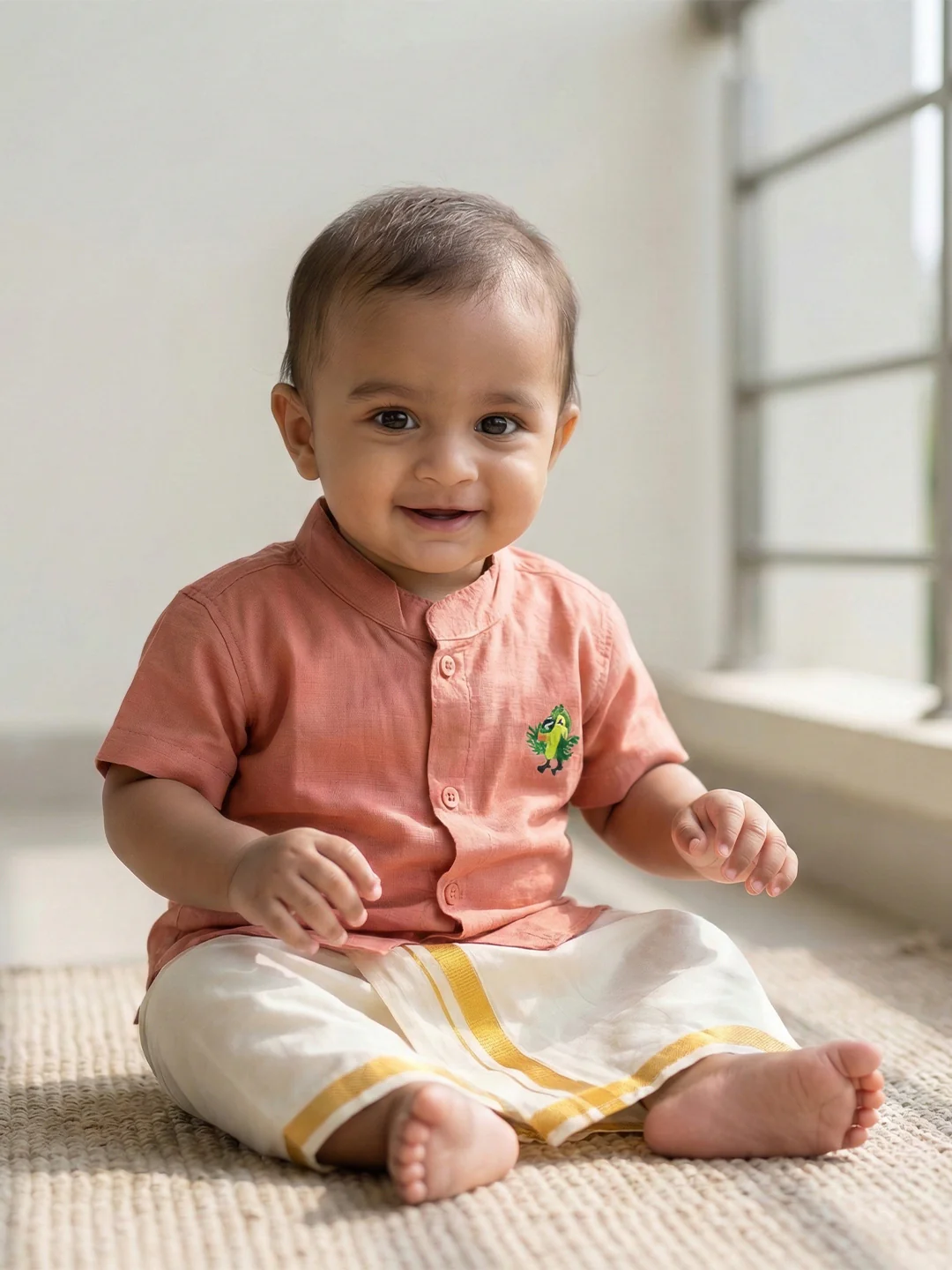 Born Baby Traditional Shirt with Dhoti and Panchakacham Set Pink - Image 2