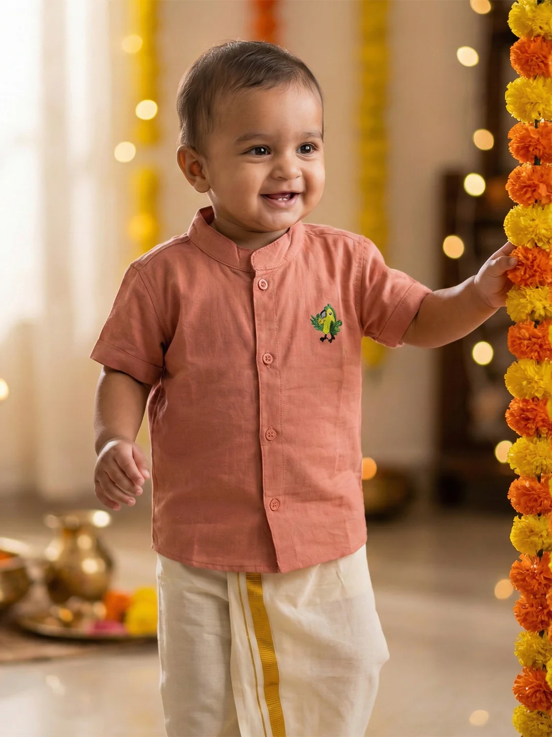 Born Baby Traditional Shirt with Dhoti and Panchakacham Set Pink - Image 4