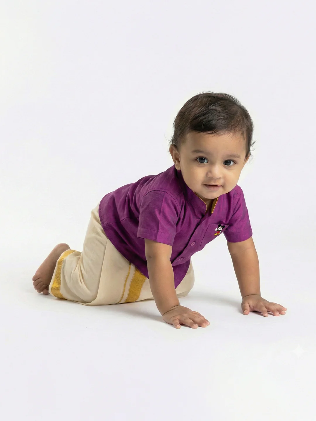 Born Baby Traditional Shirt with Dhoti and Panchakacham Set Purple - Image 3