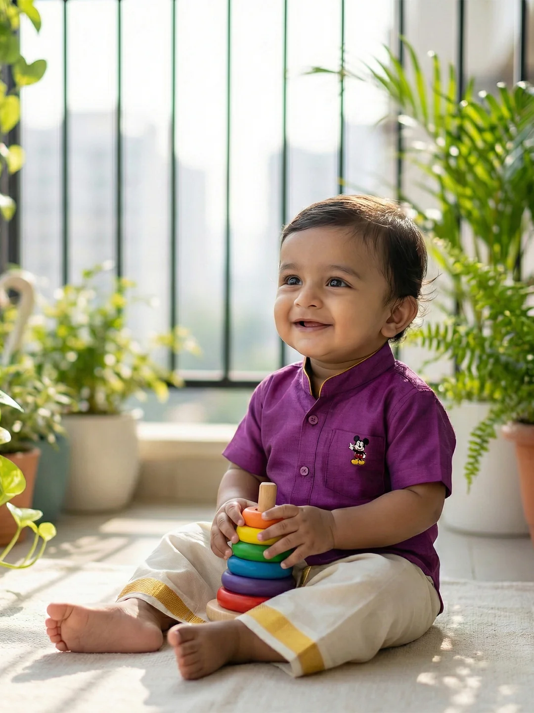 Born Baby Traditional Shirt with Dhoti and Panchakacham Set Purple - Image 4