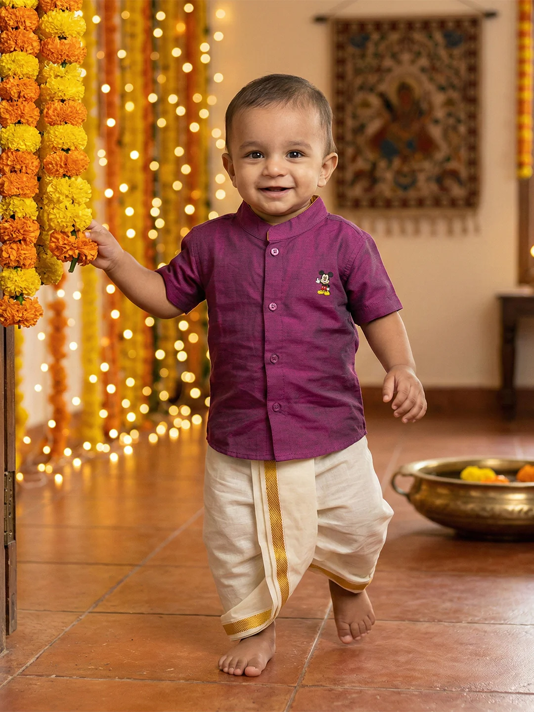 Born Baby Traditional Shirt with Dhoti and Panchakacham Set Purple - Image 5
