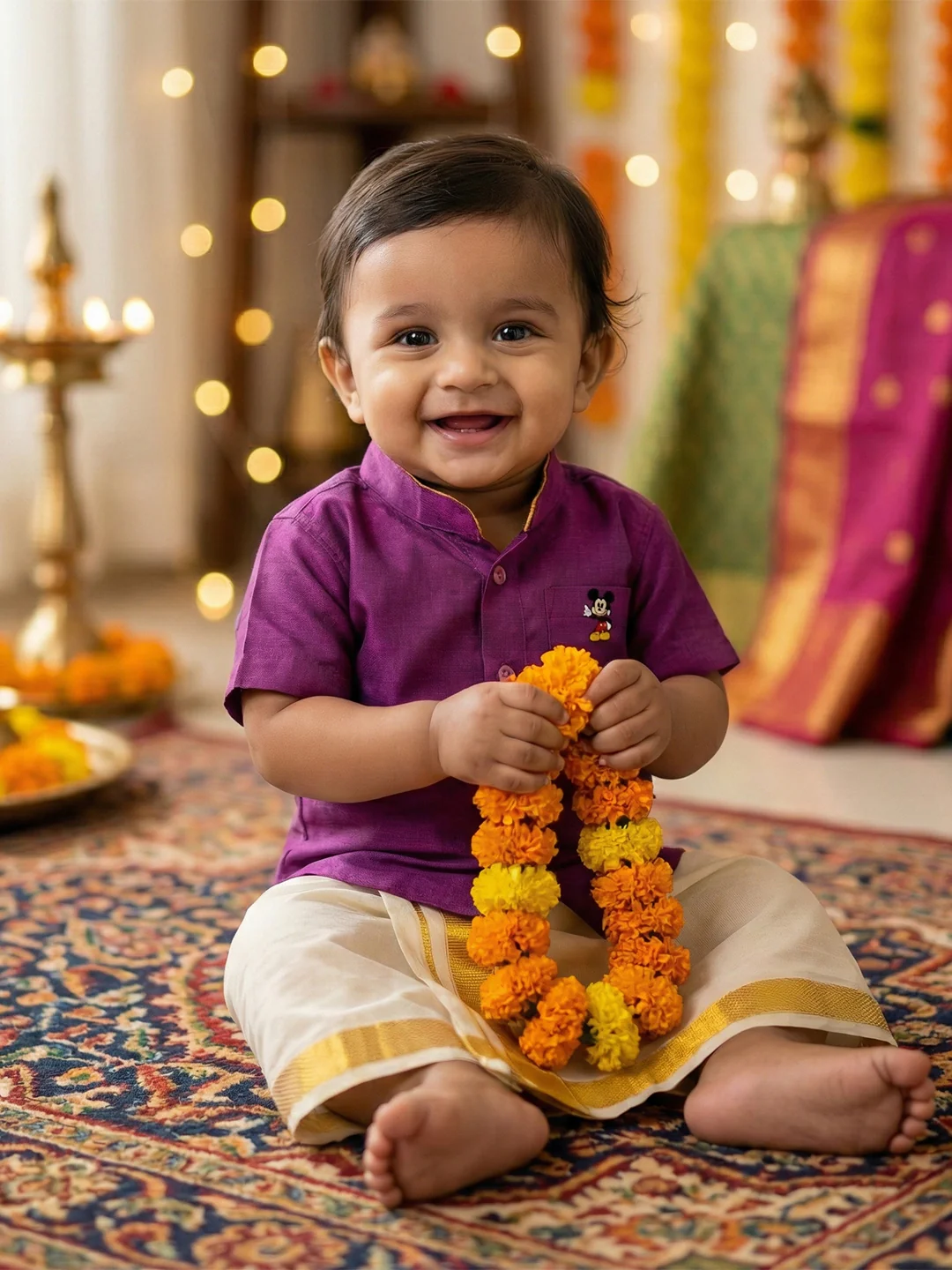 Born Baby Traditional Shirt with Dhoti and Panchakacham Set Purple - Image 6