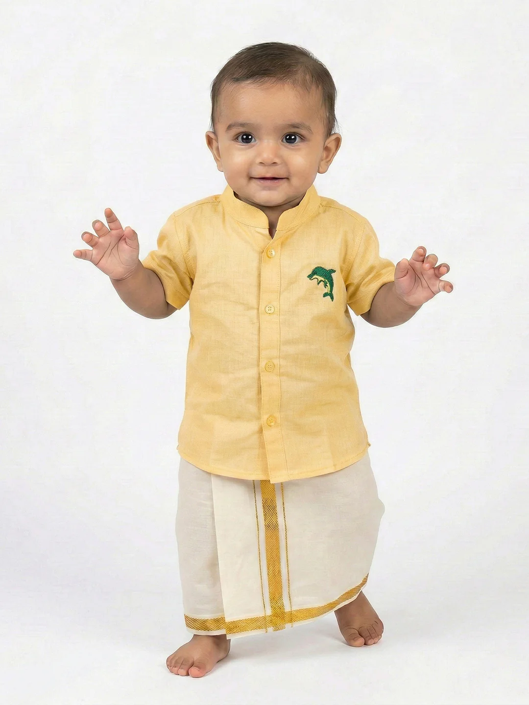 Born Baby Traditional Shirt with Dhoti and Panchakacham Set Yellow - Image 2