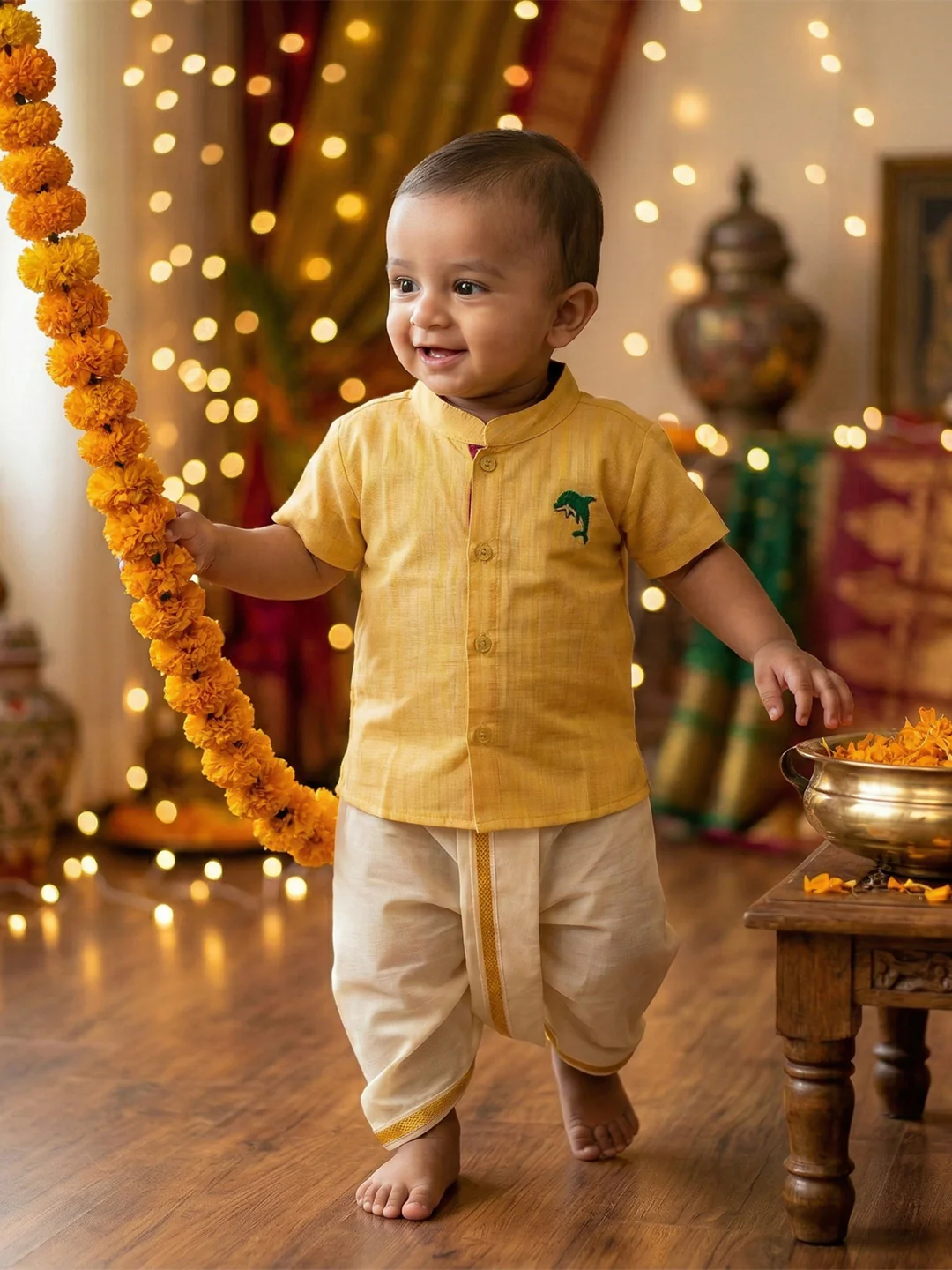 Born Baby Traditional Shirt with Dhoti and Panchakacham Set Yellow - Image 4