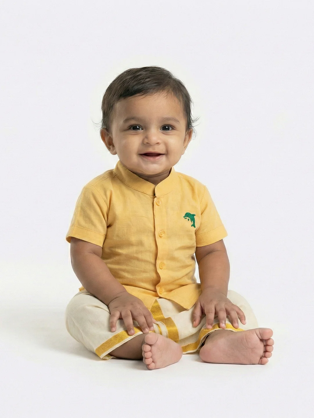 Born Baby Traditional Shirt with Dhoti and Panchakacham Set Yellow - Image 6