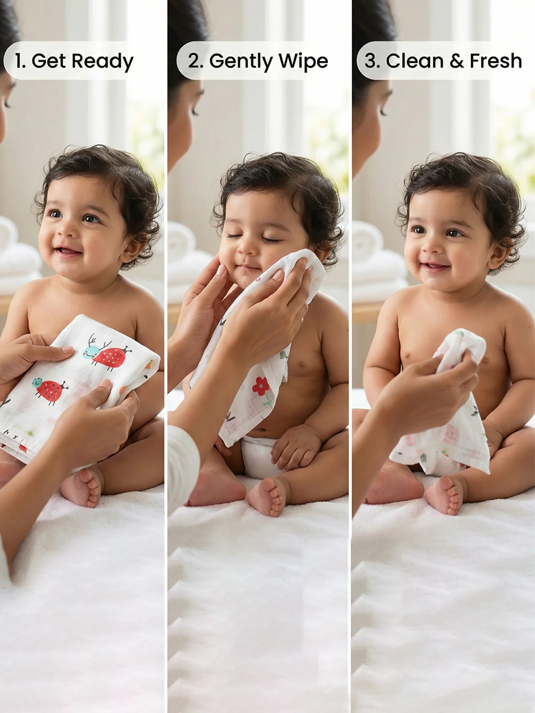 Born Baby Wash Cloth for Face & Body (Pack of 3)  Soft, Absorbent Cotton | 0.35m x 0.35m - Image 5