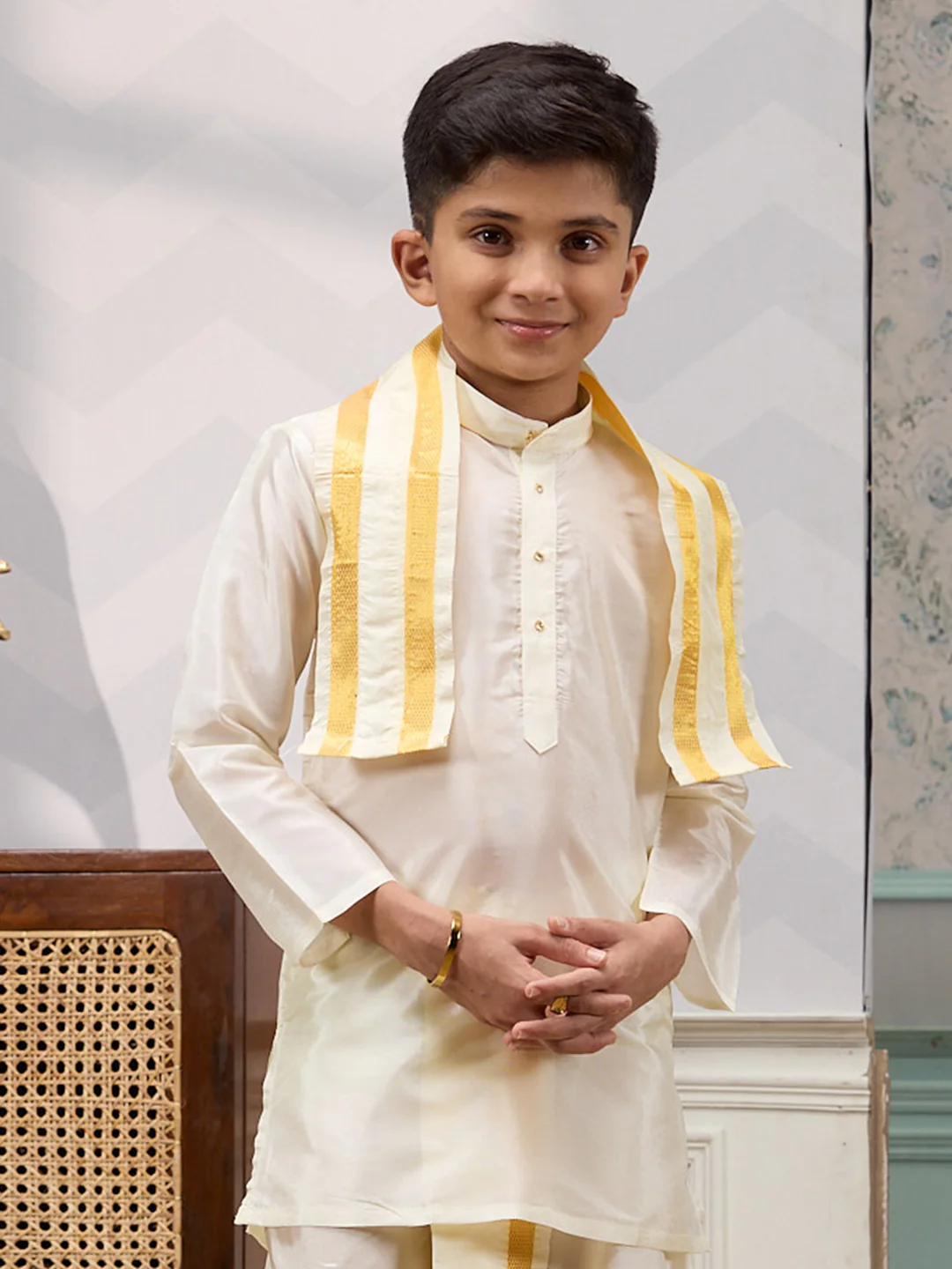 Boys Art Silk Cream Kurta Panchakacham & Towel Set - Image 3