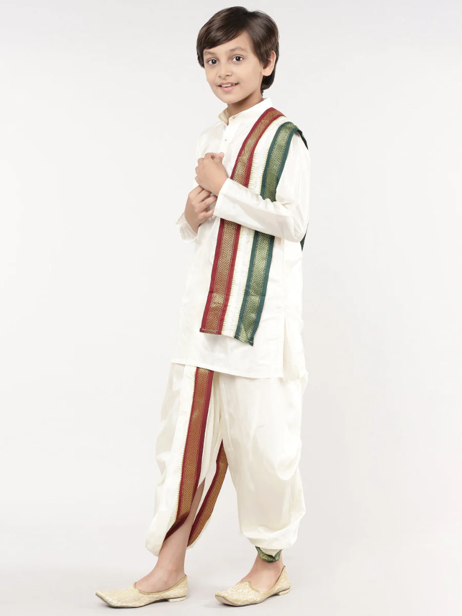 Boys Art Silk Cream Kurta Panchakacham Set - Image 3
