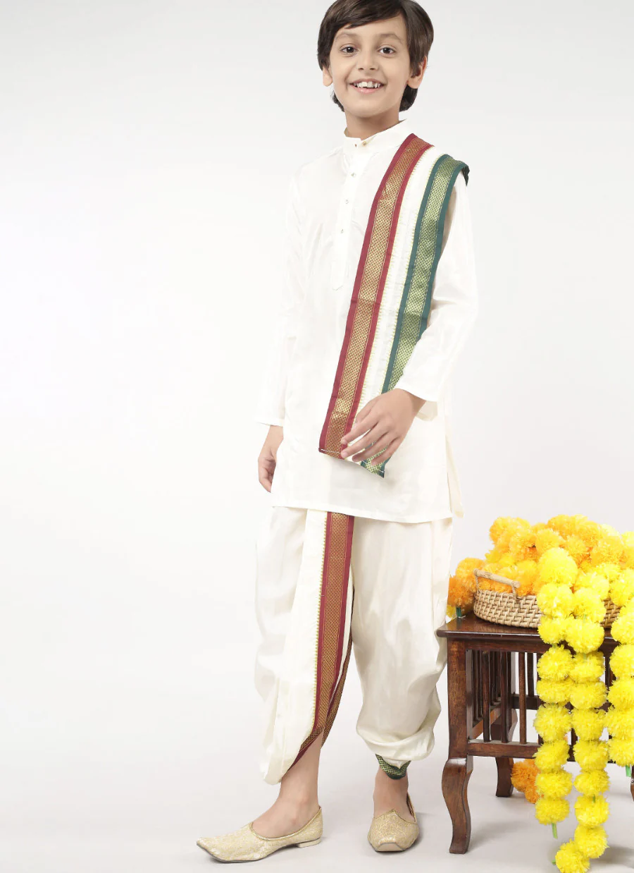 Boys Art Silk Cream Kurta Panchakacham Set - Image 4