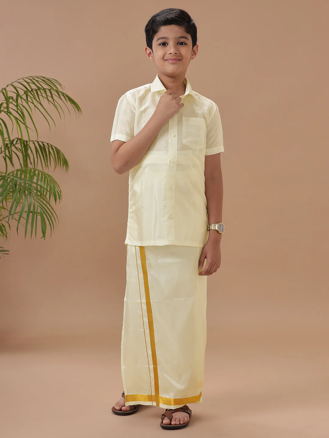 Boys Art silk Shirt & Dhoti Set Butterscotch - Image 4