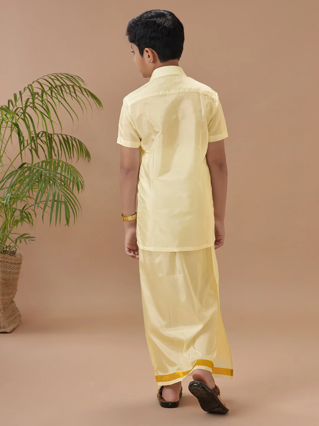Boys Art silk Shirt & Dhoti Set Champagne Sandal - Image 4