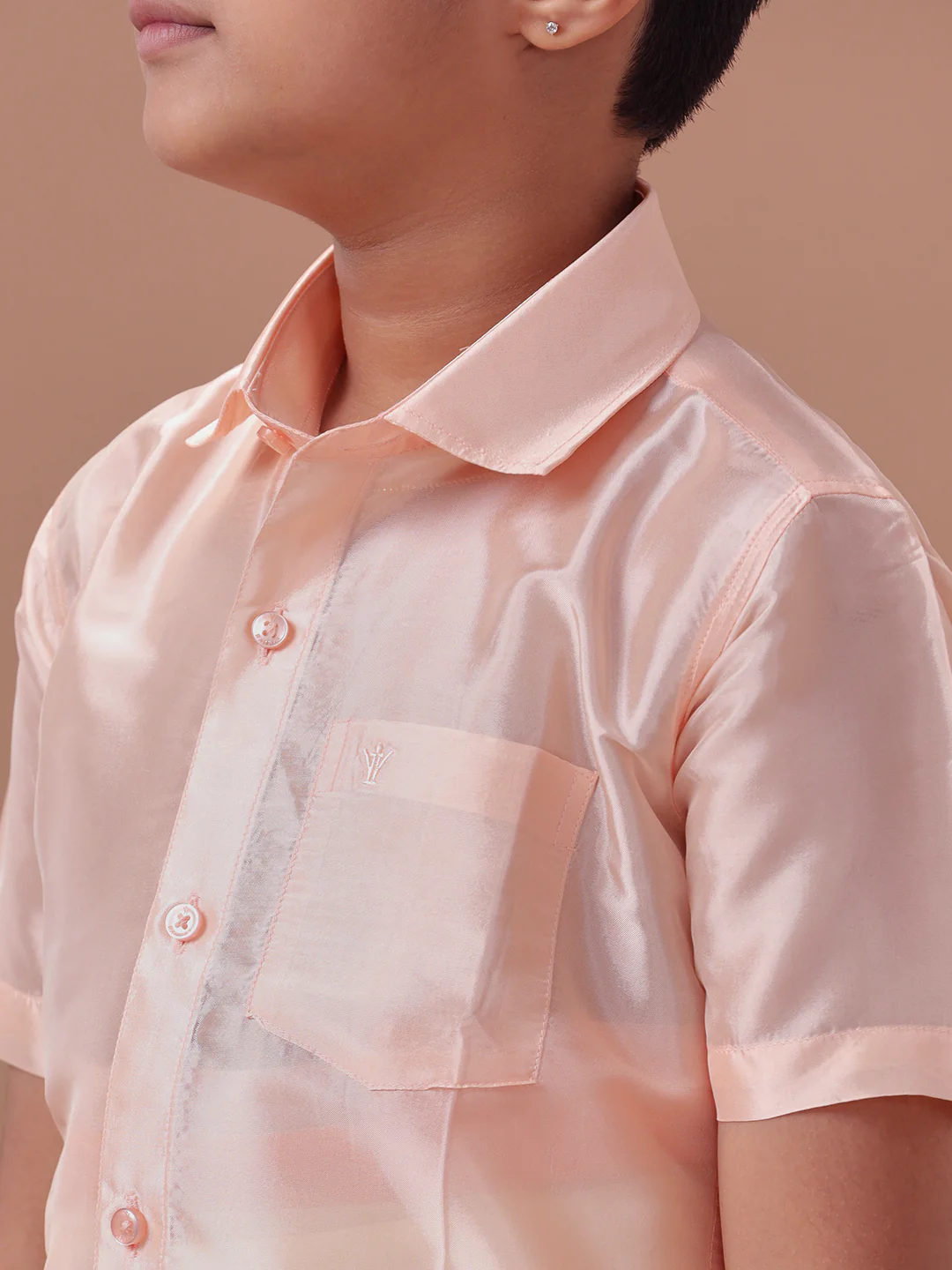 Boys Art silk Shirt & Dhoti Set Coral Pink - Image 3