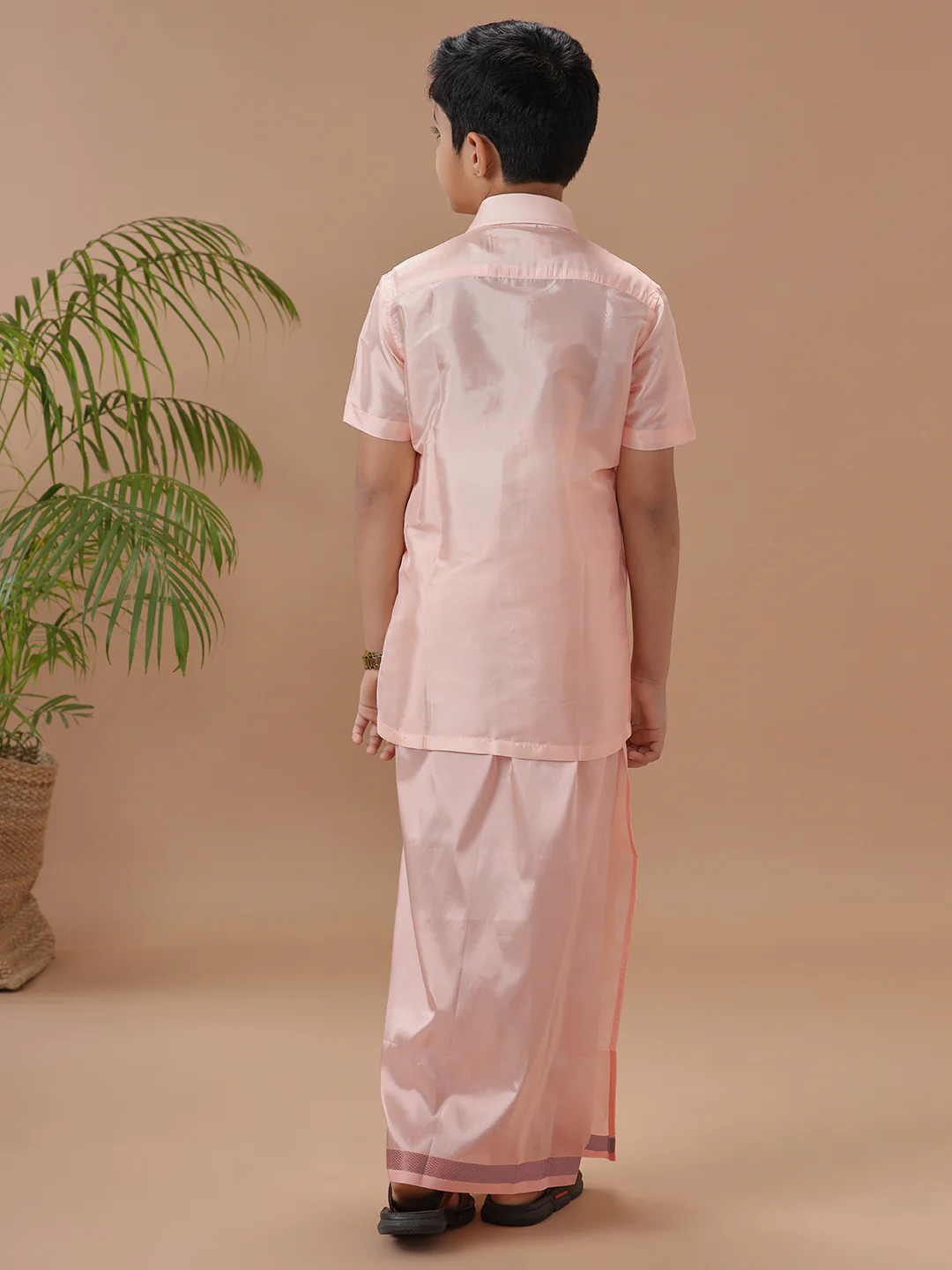 Boys Art silk Shirt & Dhoti Set Coral Pink - Image 4