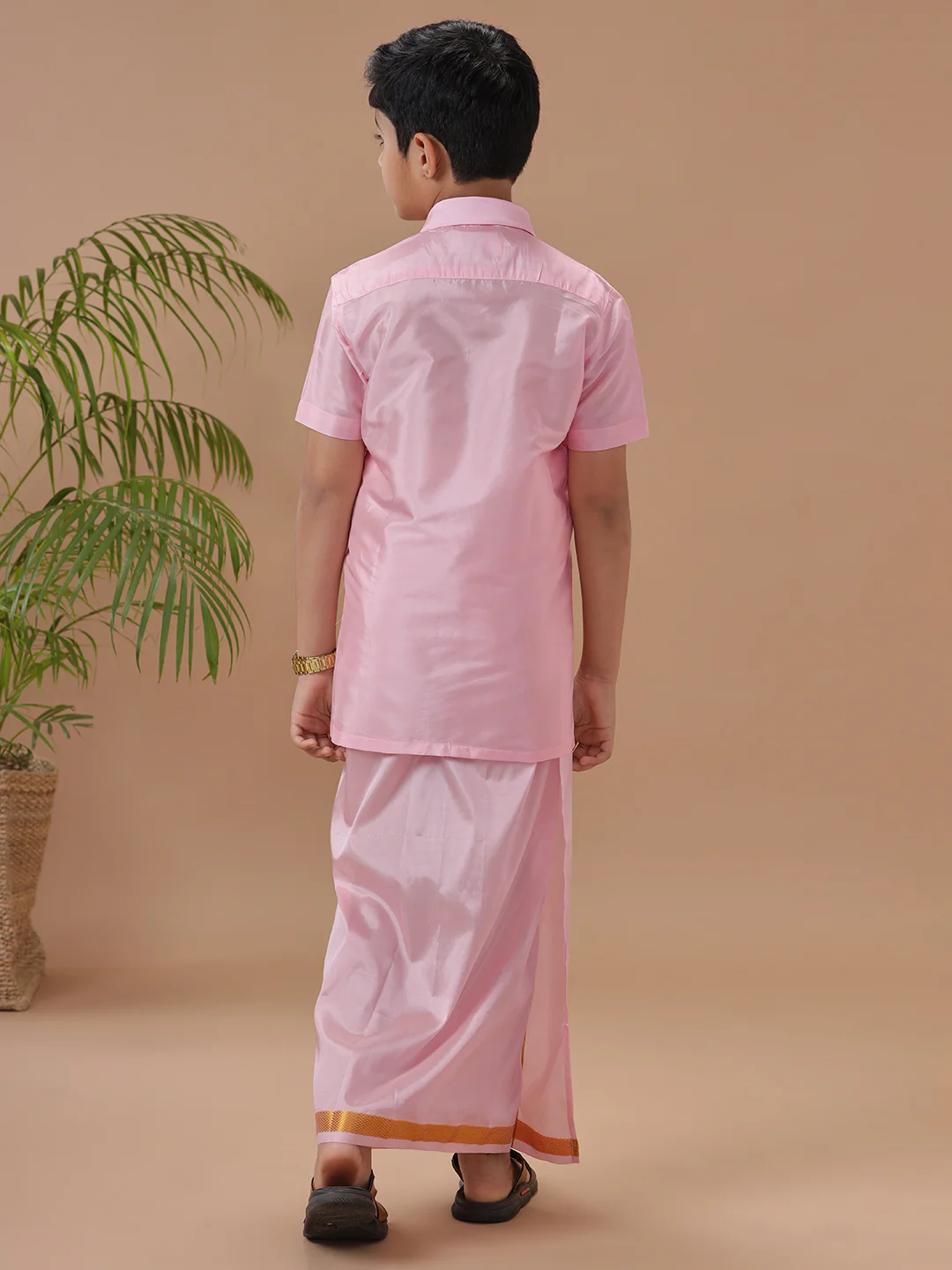 Boys Art silk Shirt & Dhoti Set Petal Pink - Image 4