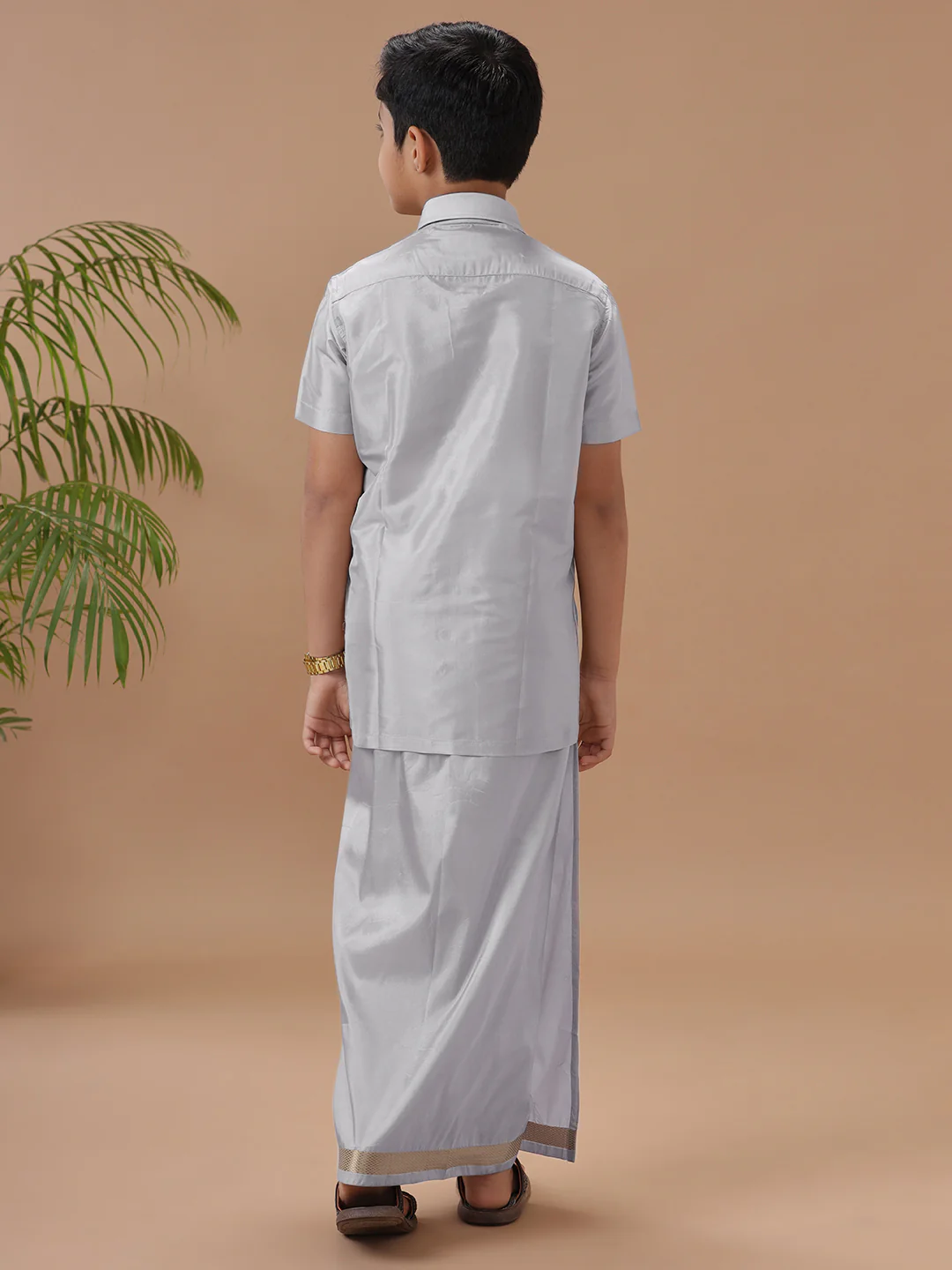 Boys Art silk Shirt & Dhoti Set Silver Grey - Image 5