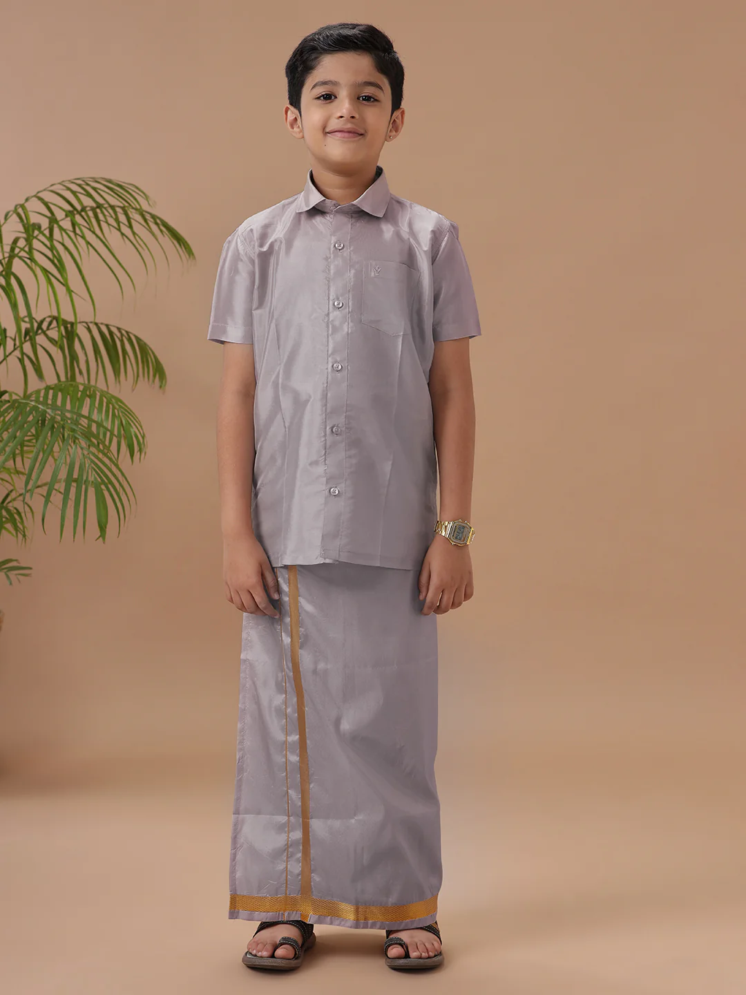Boys Art silk Shirt & Dhoti Set Violet