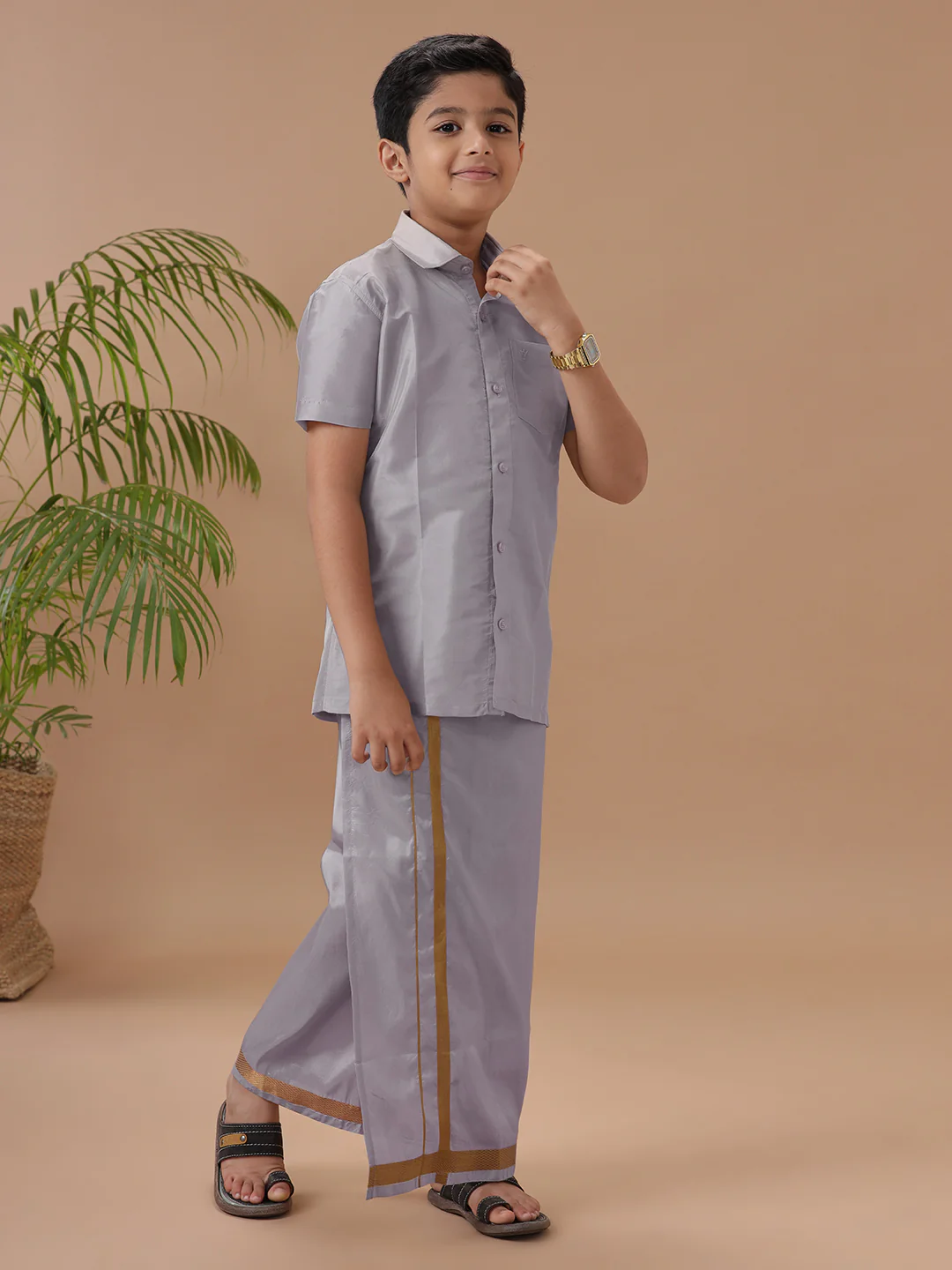 Boys Art silk Shirt & Dhoti Set Violet - Image 2