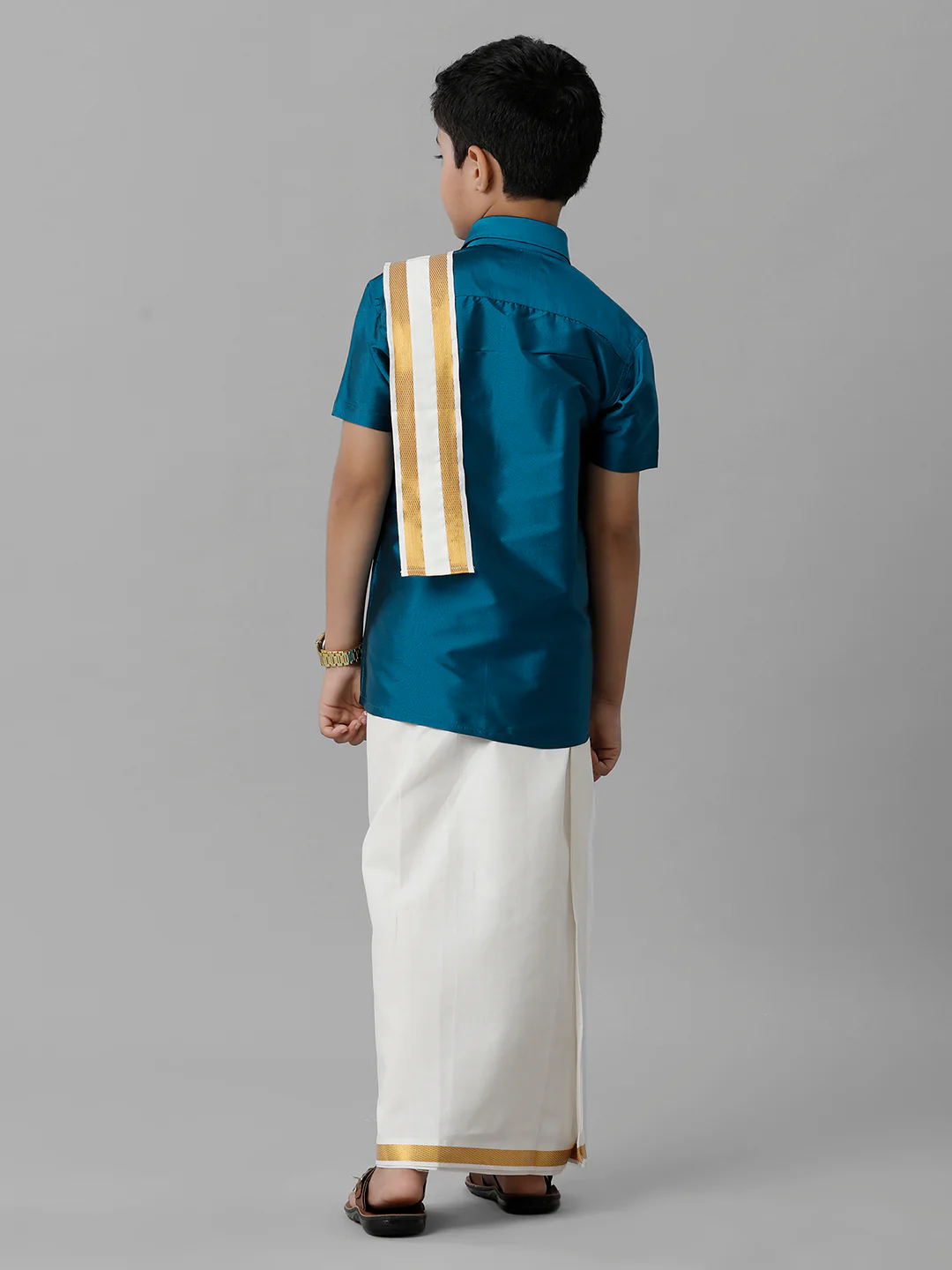 Boys Blue Half Sleeves Shirt with Cream Dhoti Towel Combo K1 - Image 3